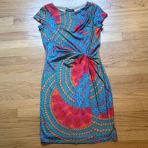 Ellen Tracy Vibrant Red and Blue Patterned Midi Dress
